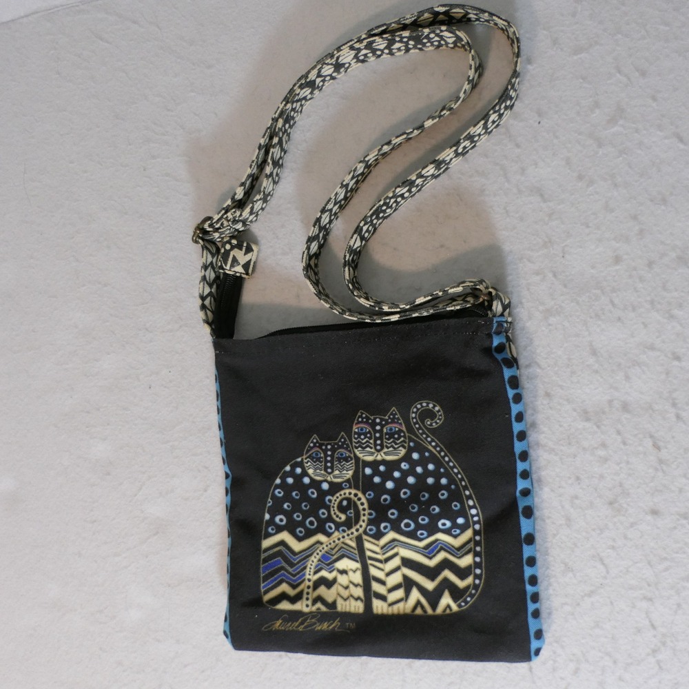 Laurel Burch Womens Crossbody S Black Blue "Polka Dot Gatos" Artistic Eclectic